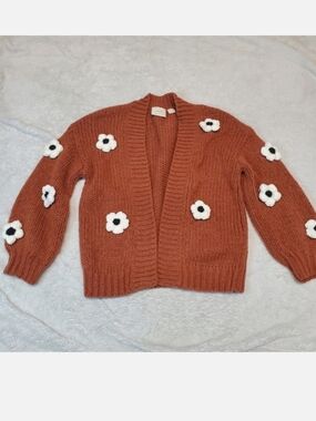 Anthropologie Maeve Brown Rust Chunky Knit‎ Floral Cottagecore Cardigan One Size